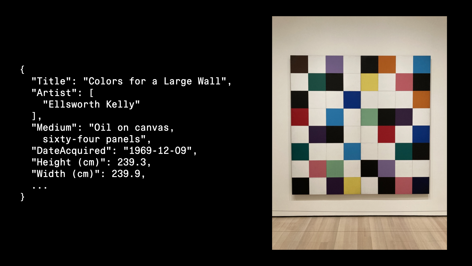 Raw code from a single artwork in MoMA’s collection data next to photograph of said artwork.