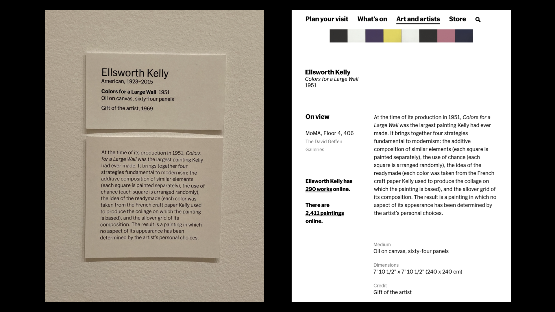 An artwork label inside MoMA and a screenshot of the artwork’s webpage showing identical information.