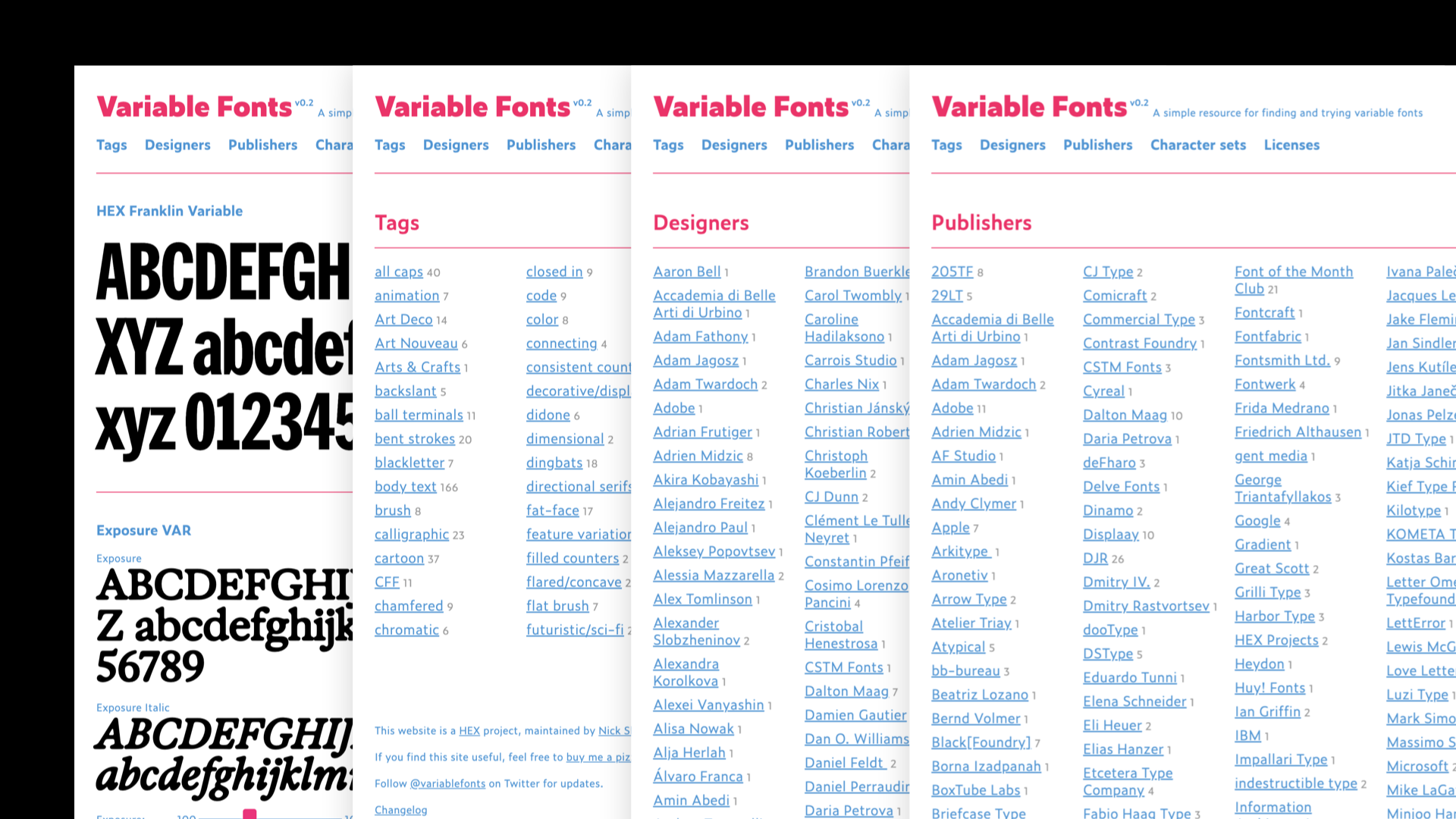 The various taxonomies present on Nick Sherman’s “Variable Fonts” website.