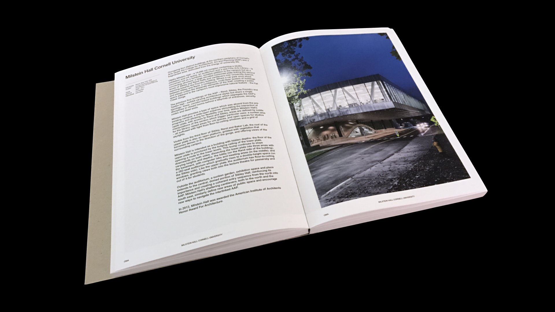 A book spread showing a project by OMA. The content comes from the same database that powers the practice’s website.