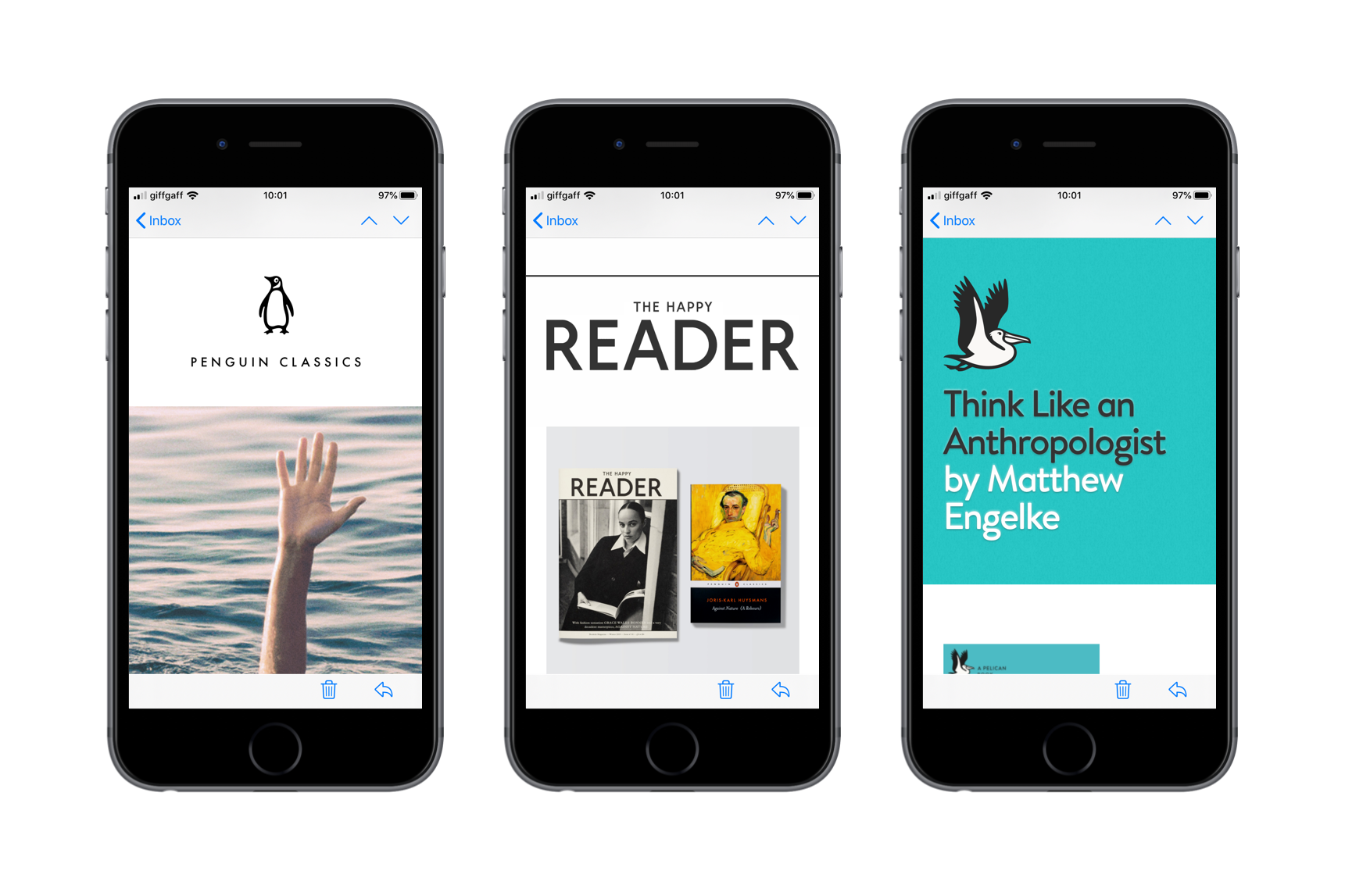 Template designs for Penguin Classics, The Happy Reader, and Pelican Books
